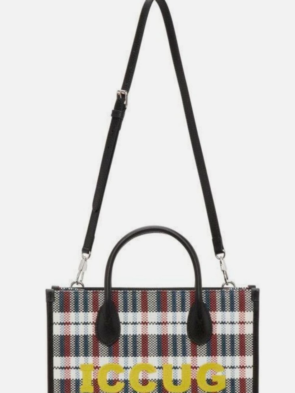 Gucci Multicolor Check "ICCUG" Logo Raffia Tote Bag - Picture 15 of 16